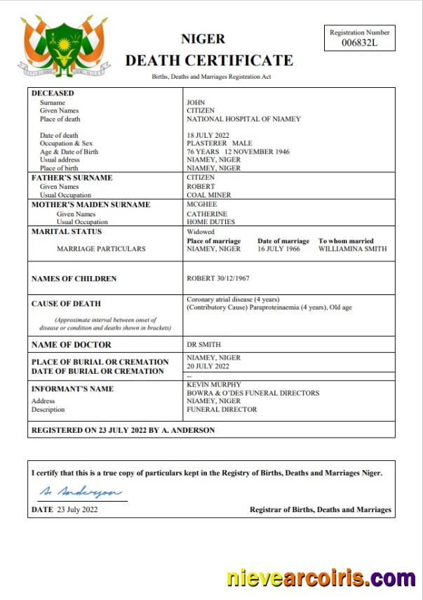 Niger death certificate